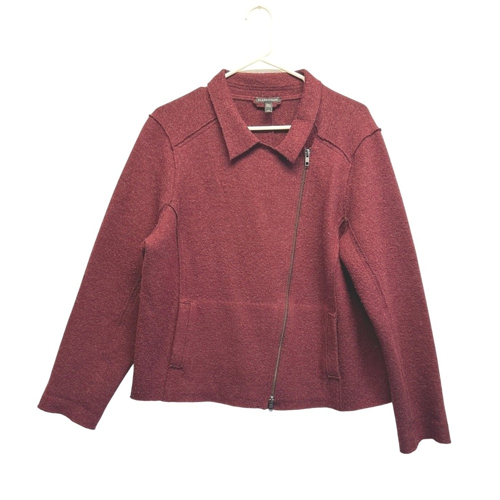 Eileen Fisher 100% Wool Asymmetrical Zip‎ Jacket Burgundy Size Large Moto